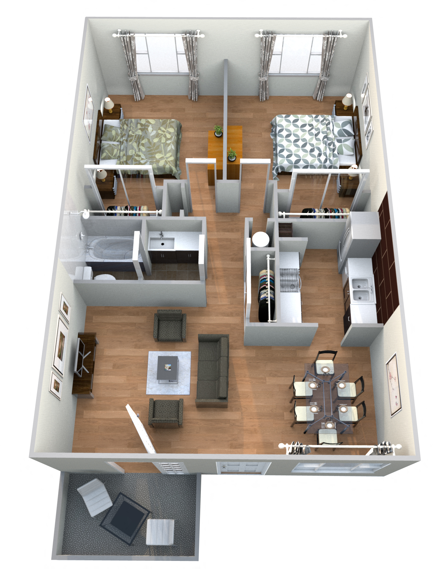 Floor plan for 2 beds, 1 bath, 912 sqft